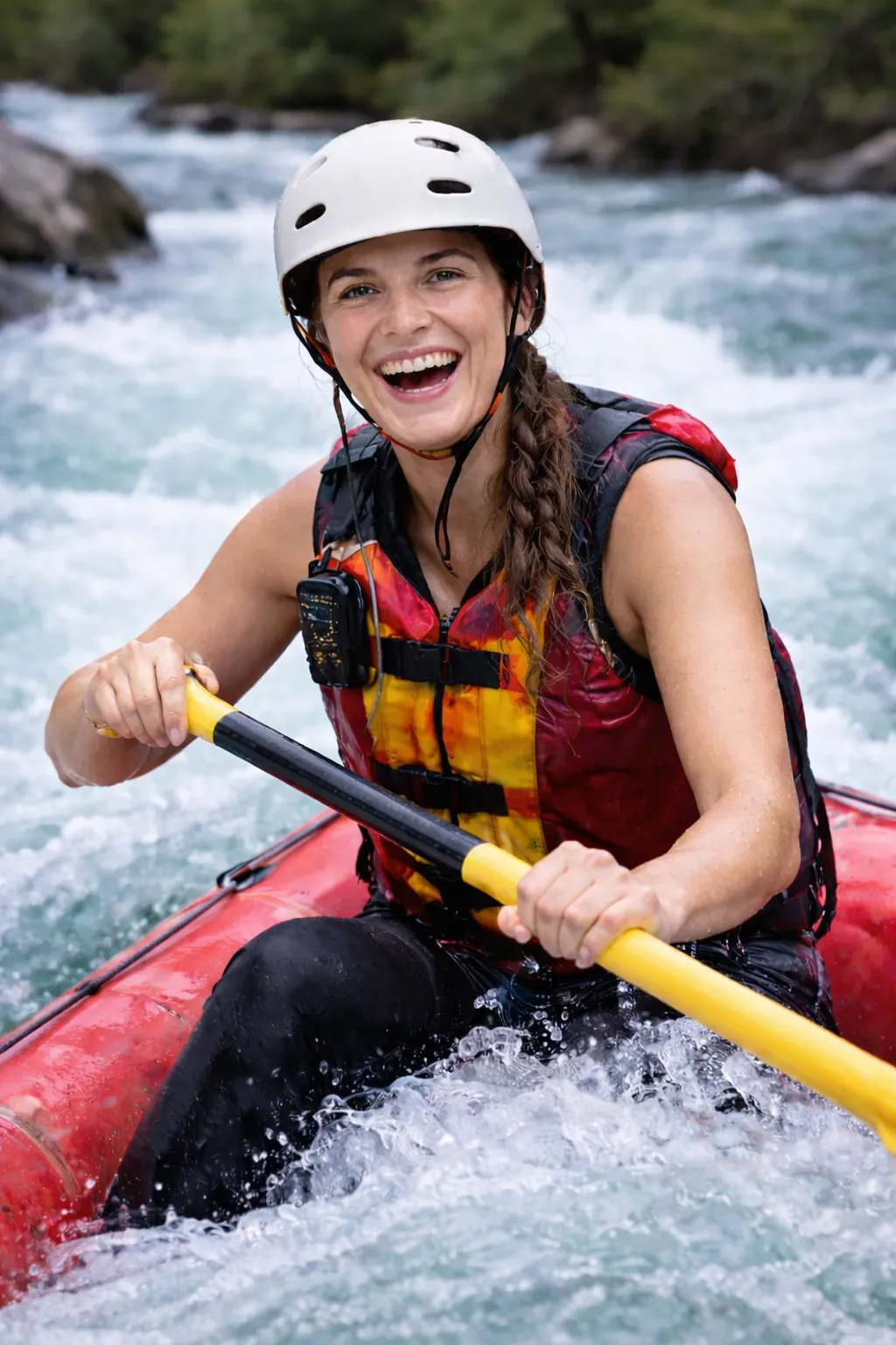 Rafting guide paddling through rapids