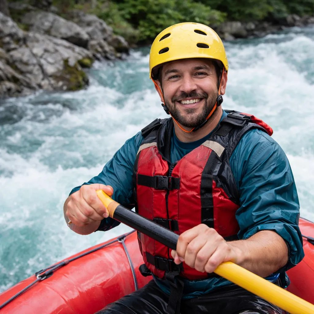 Rafting guide smiling while paddling